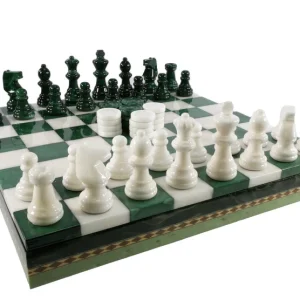 Chess and Checkers Set in Alabaster with Wood Frame