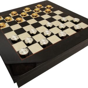 The 24kt gold and silver finished metal checkers are packed inside a velvet case. 24 x 1-1/4" Diameter Made in Italy