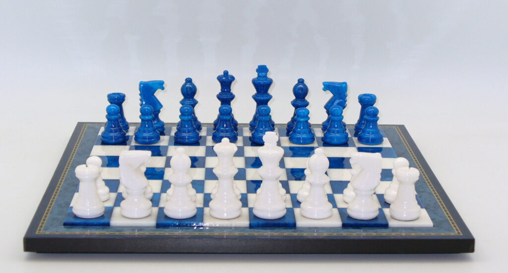 Blue & White Alabaster Wood Framed Chess Set